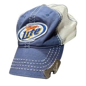 Miller Lite Blue White Mesh Trucker Hat Snapback with Built-in Bottle Opener 08